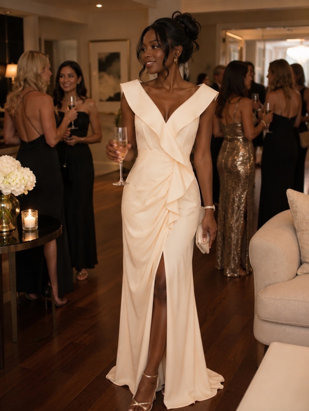 TFNC Cream V-Neck Ruffle Front Maxi Gown